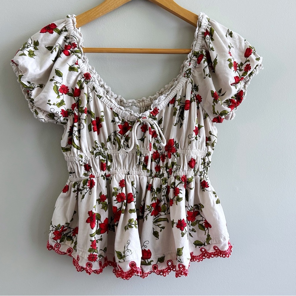 Maeve White Peasant Top with Red Floral Print